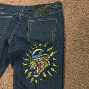 Ed Hardy Jeans Womens 11 / 12 Blue Tiger Embroidery Dark Wash Denim Pant